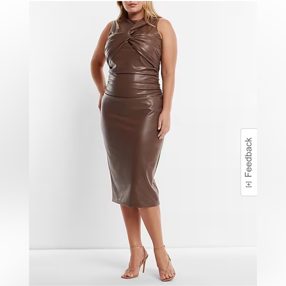 Express Body Contour Faux Leather Twist Front Midi Dress With Built-In Shapewear